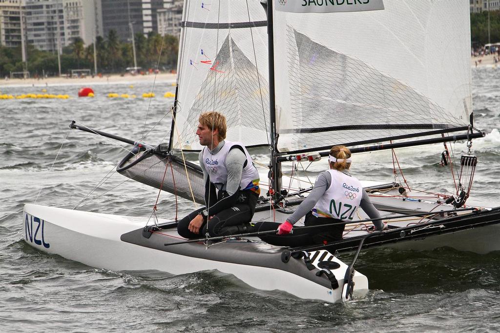 Jason Saunders and Gemma Jones (NZL) in contemplation after the Medal race  - NZL Nacra 17 Rio Olympic Sailing Regatta. © Richard Gladwell www.photosport.co.nz